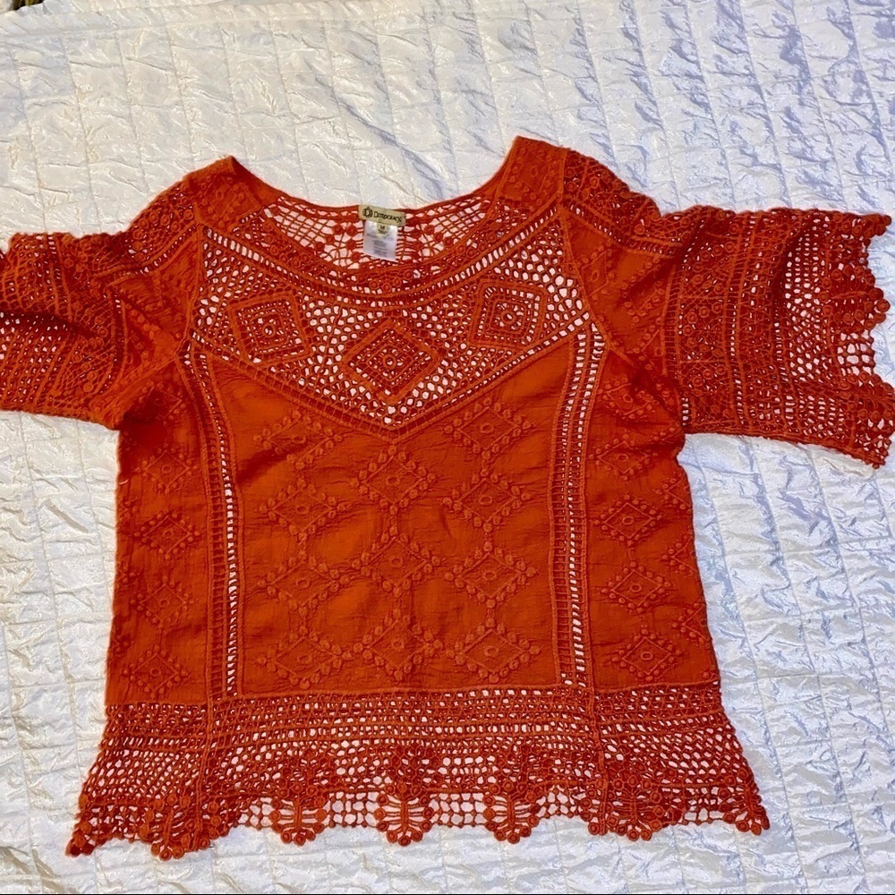 Democracy Orange Crochet Lace Short Sleeve Top